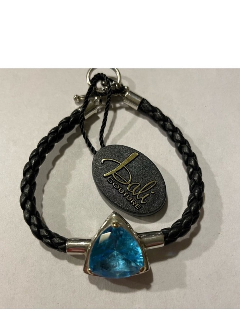 Bali Bracelet with Blue Trillion Gem and Black Braided Band